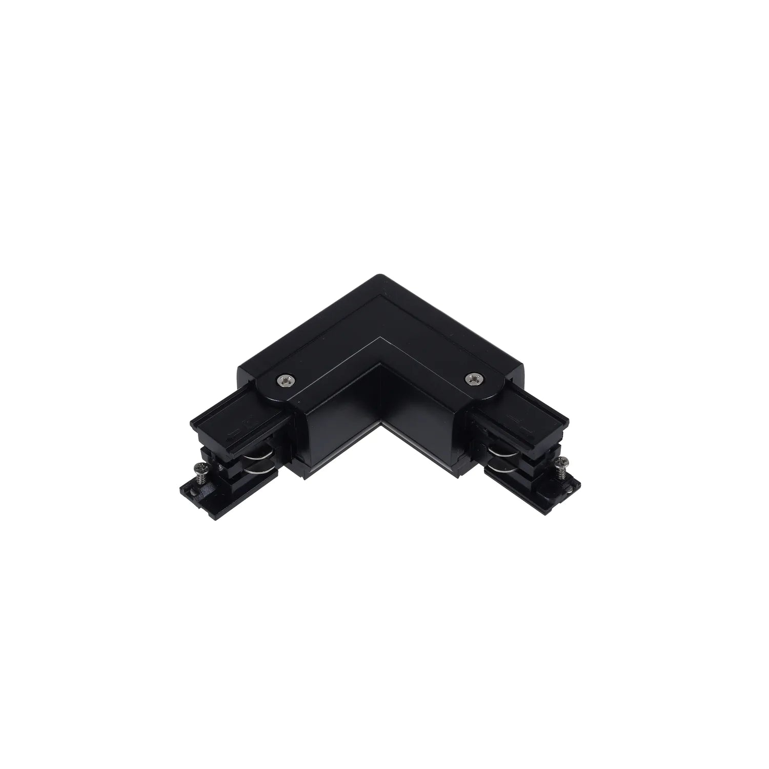 Black L-shaped track connector with mounting hardware and contact points, product shot on white background.