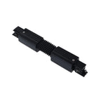 Black LED track rail connector with accordion-style expansion joint and mounting brackets on white background.