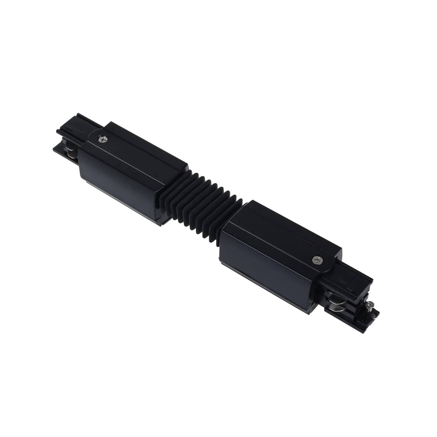 Black LED track rail connector with accordion-style expansion joint and mounting brackets on white background.