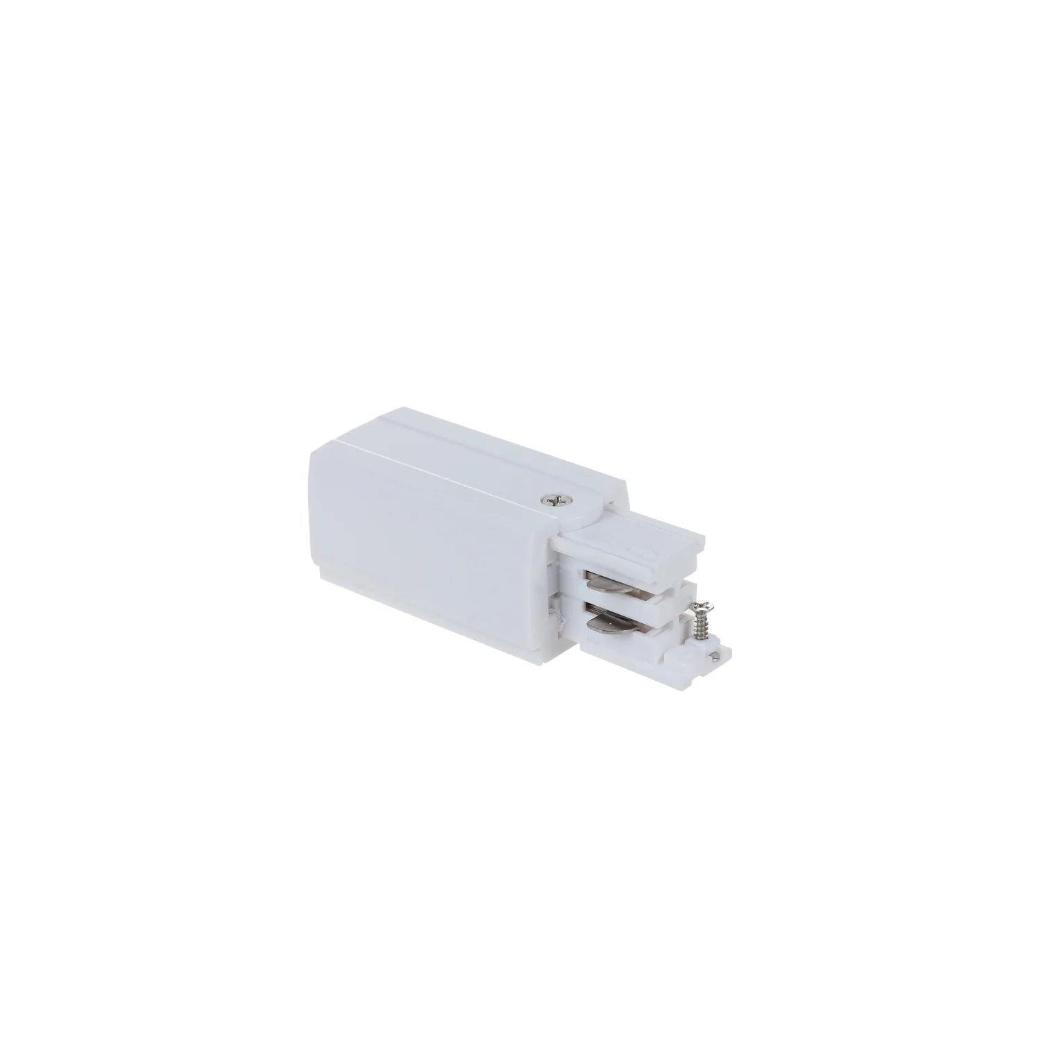 White LED track lighting connector with metal contact terminals, shown against white background.