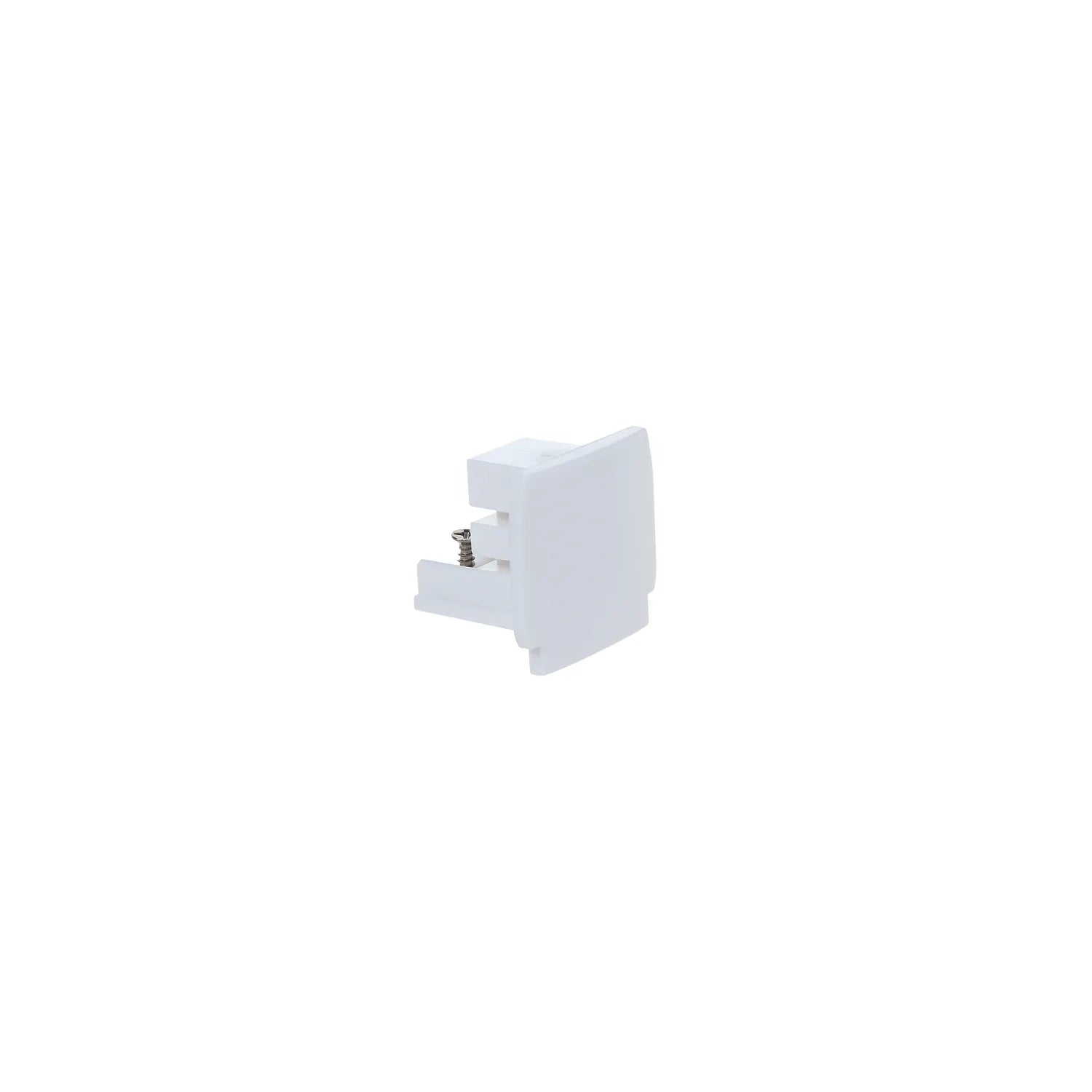 White plastic end cap connector for LED track rail system, shown isolated against white background.