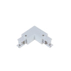 White L-shaped track connector with metal contact terminals and mounting screws, isolated product shot.