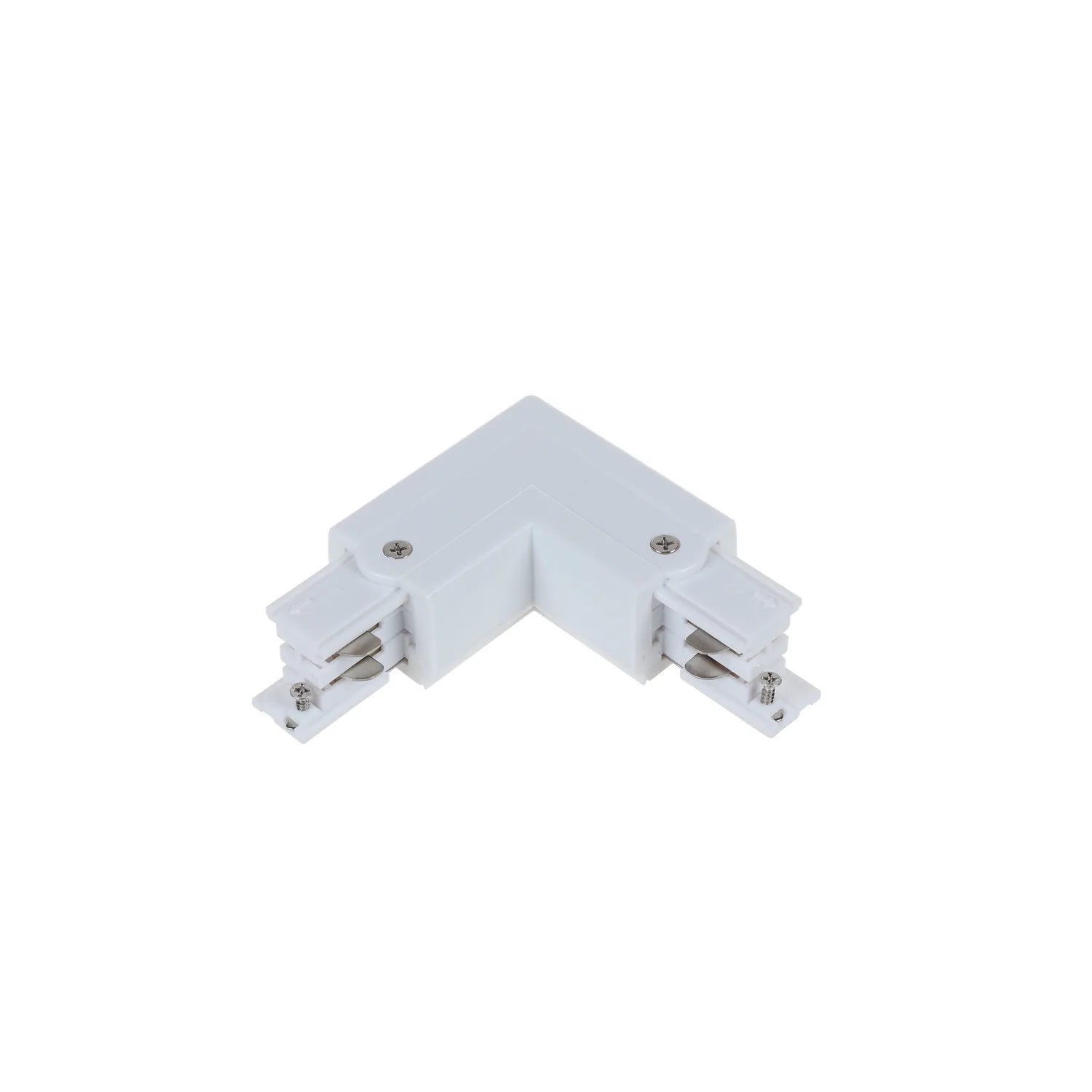 White L-shaped track connector with metal contact terminals and mounting screws, isolated product shot.