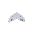 White L-shaped track connector with metal contact terminals and mounting screws, isolated on white background.