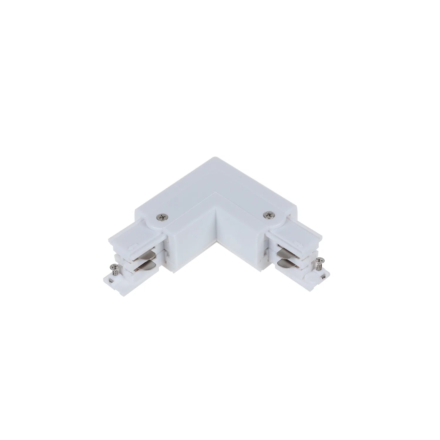White L-shaped track connector with metal contact terminals and mounting screws, isolated on white background.