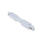 White track rail connector with flexible accordion joint and metal contact points at each end.