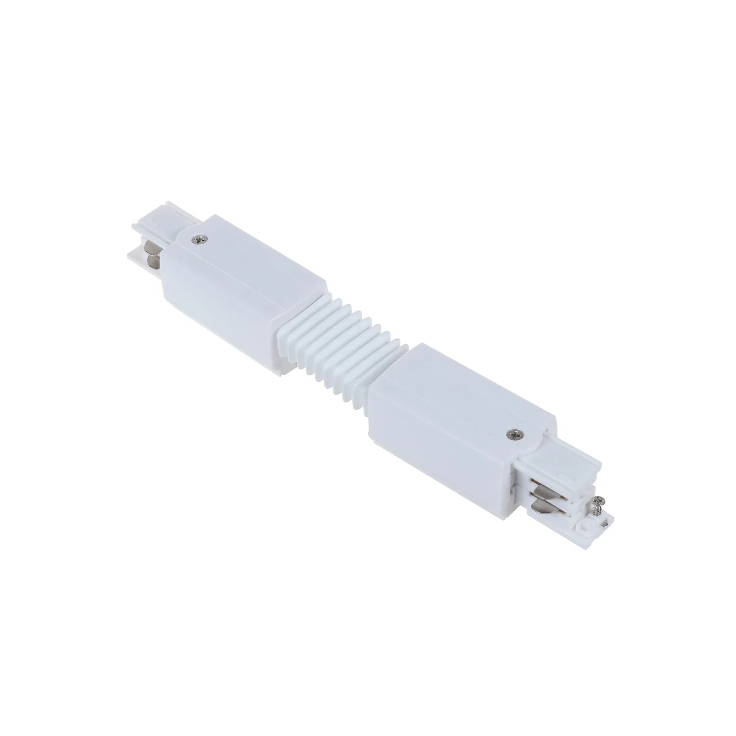 White track rail connector with flexible accordion joint and metal contact points at each end.