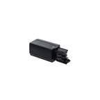 Black LED track light connector with power supply, right-side view showing mounting hardware and electrical terminals.