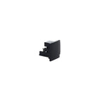 Black LED track rail end cap with mounting hardware, angled view on white background.
