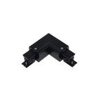 Black L-shaped track connector with two rail terminals and mounting screws on white background.