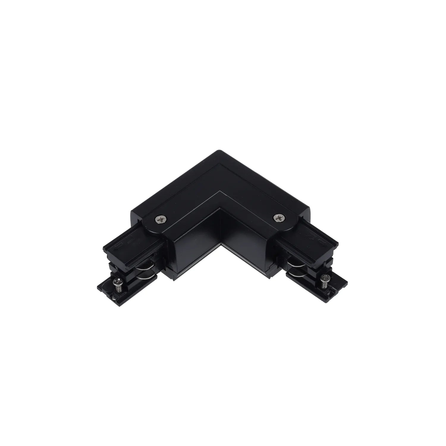 Black L-shaped track connector with two rail terminals and mounting screws on white background.