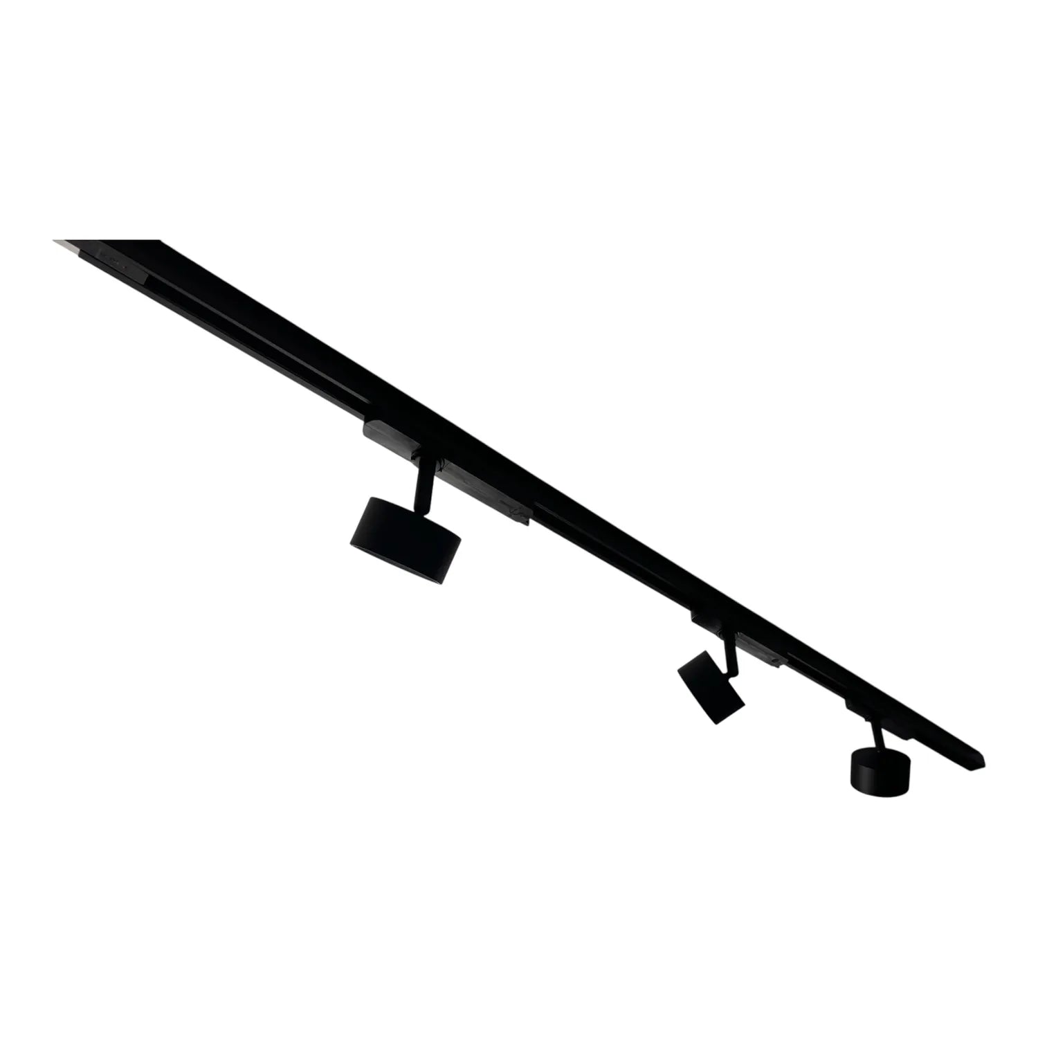 Black track lighting system with three adjustable LED spotlights mounted on one-meter rail.