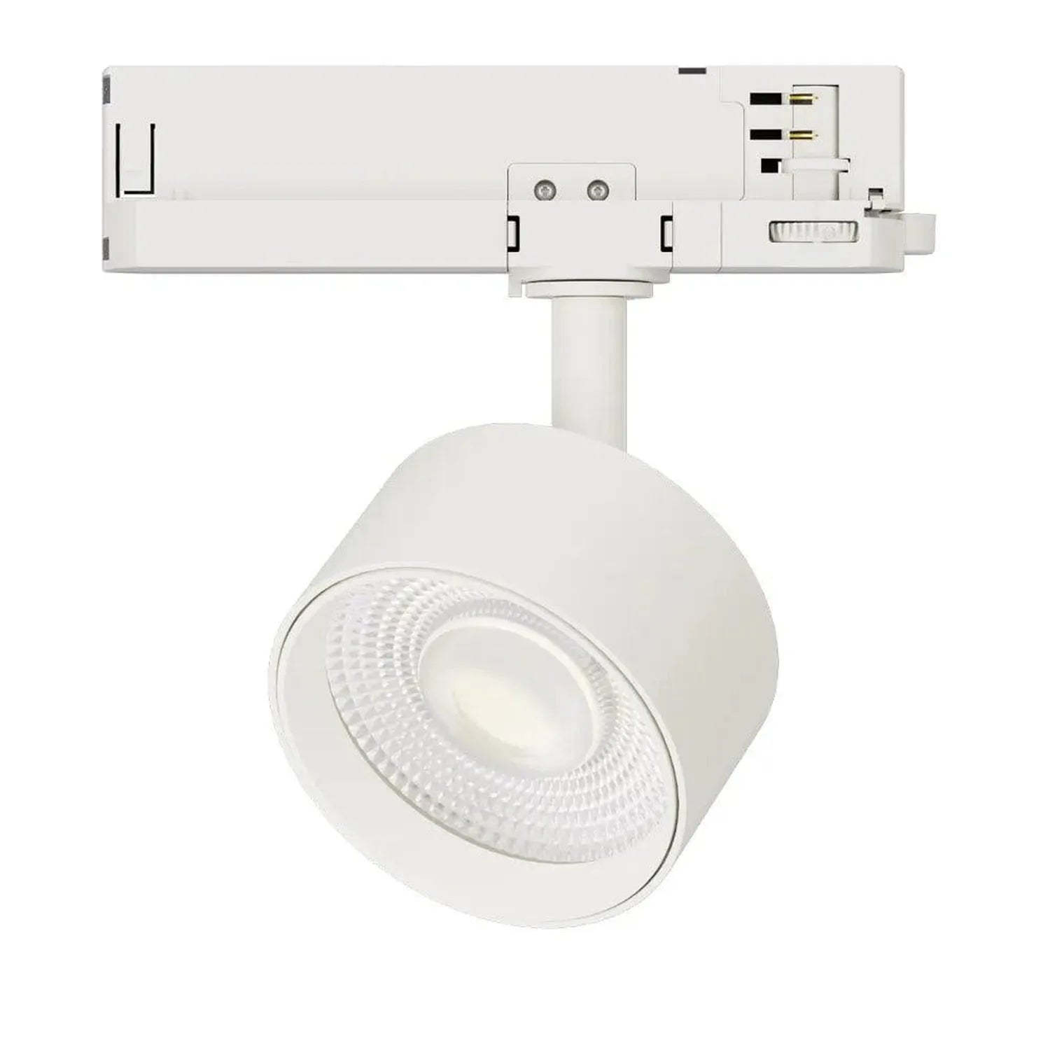 White cylindrical LED track light with adjustable head mounted on white track rail system, shown isolated on white background