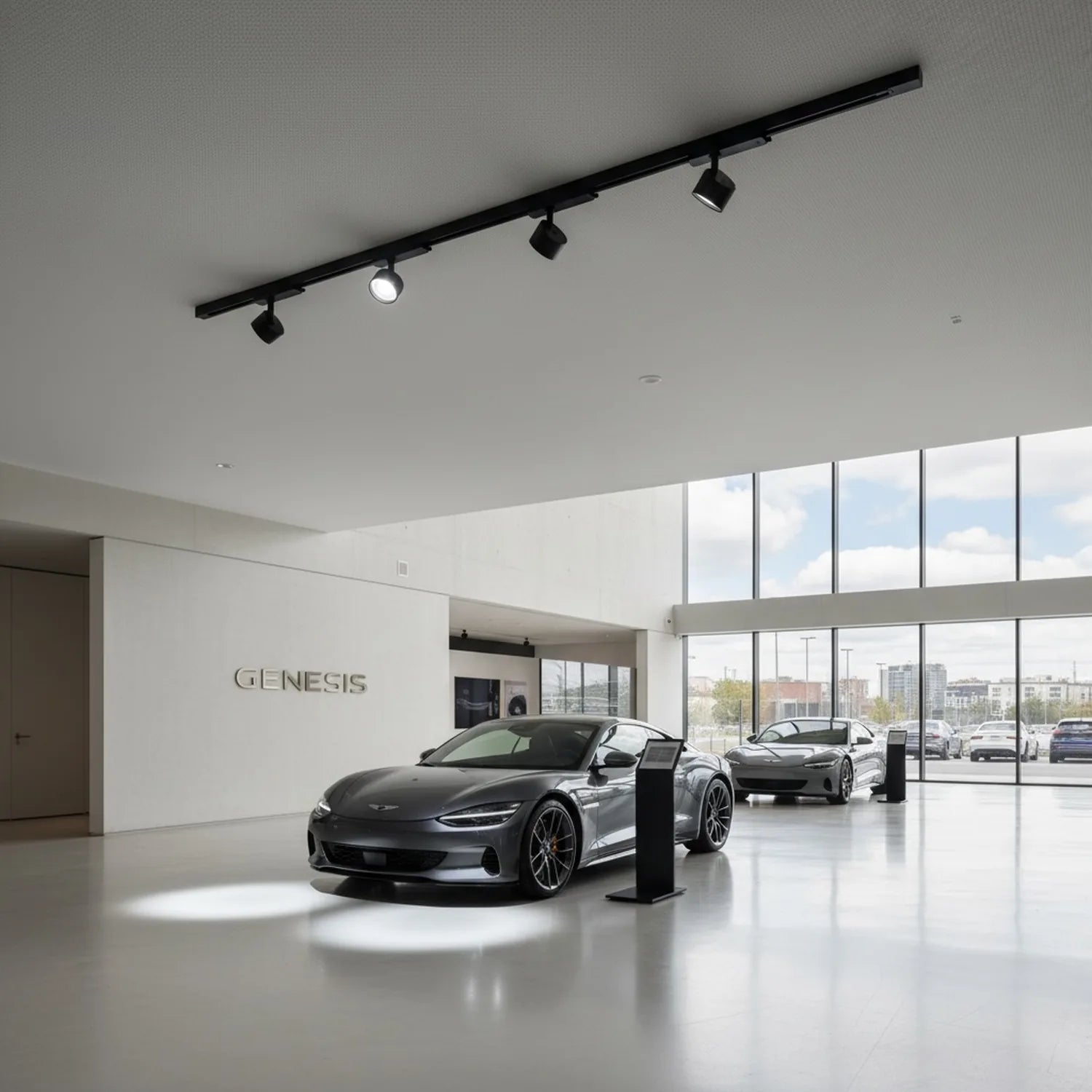Black track lighting system with three LED spotlights mounted on 1-meter rail, installed in modern Genesis dealership showroo
