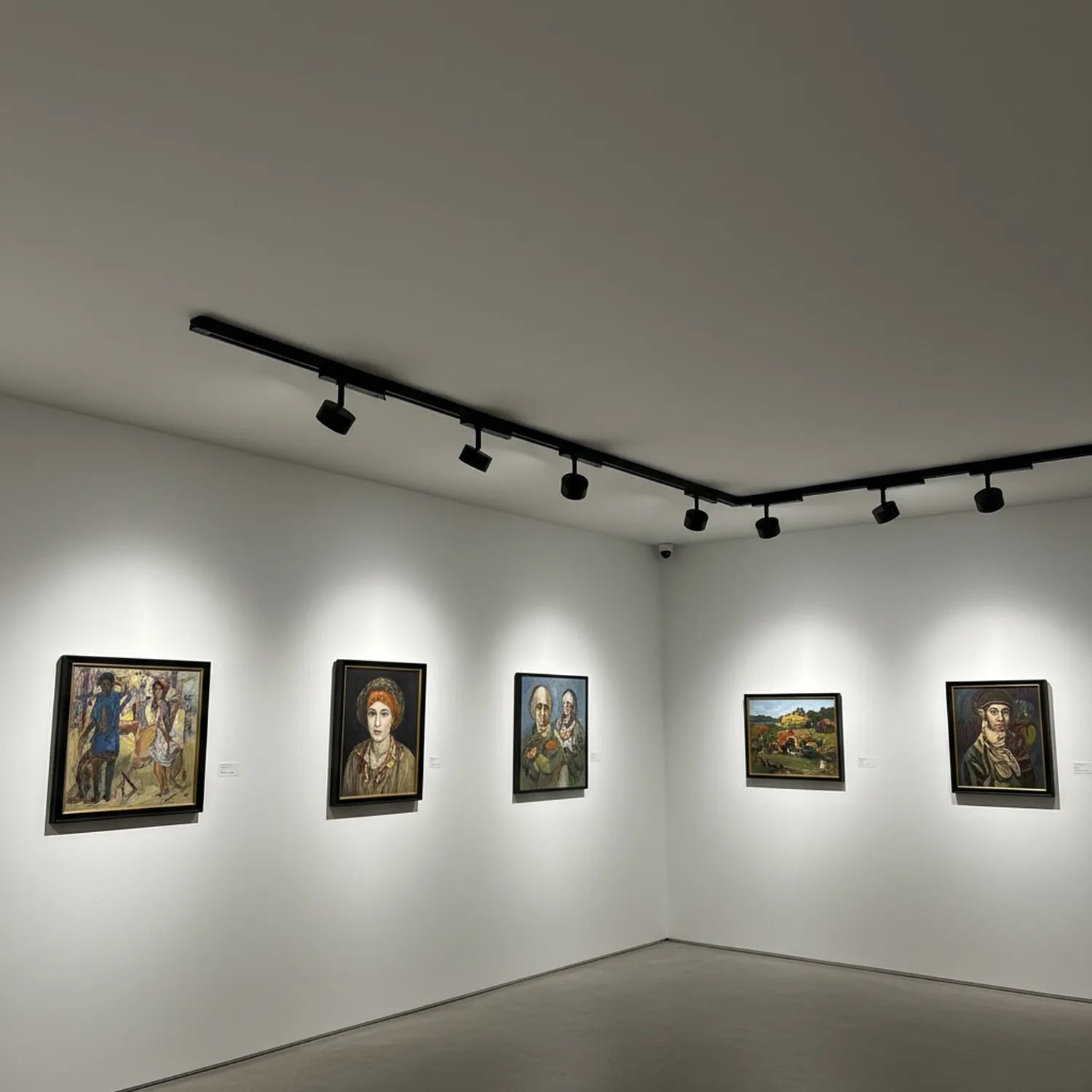 Black LED track lighting system with multiple spotlights illuminating framed artworks on white gallery walls.
