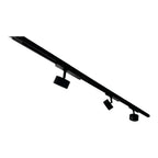 Black track lighting rail with three adjustable LED spotlights mounted at intervals, shown against white background.