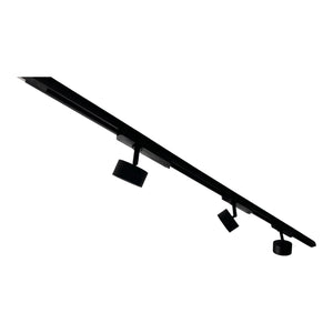 Black track lighting rail with three adjustable LED spotlights mounted at intervals, shown against white background.