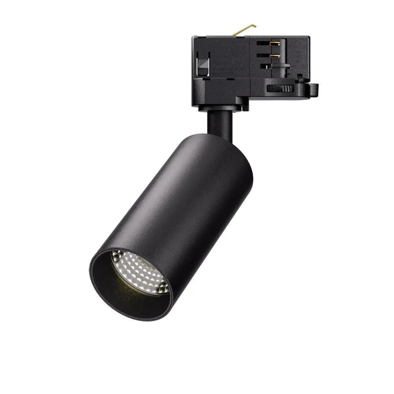 Black cylindrical LED track light with adjustable head mounted on track rail system, product shot on white background.