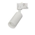 White cylindrical LED track light with adjustable head mounted on track system rail against white background.