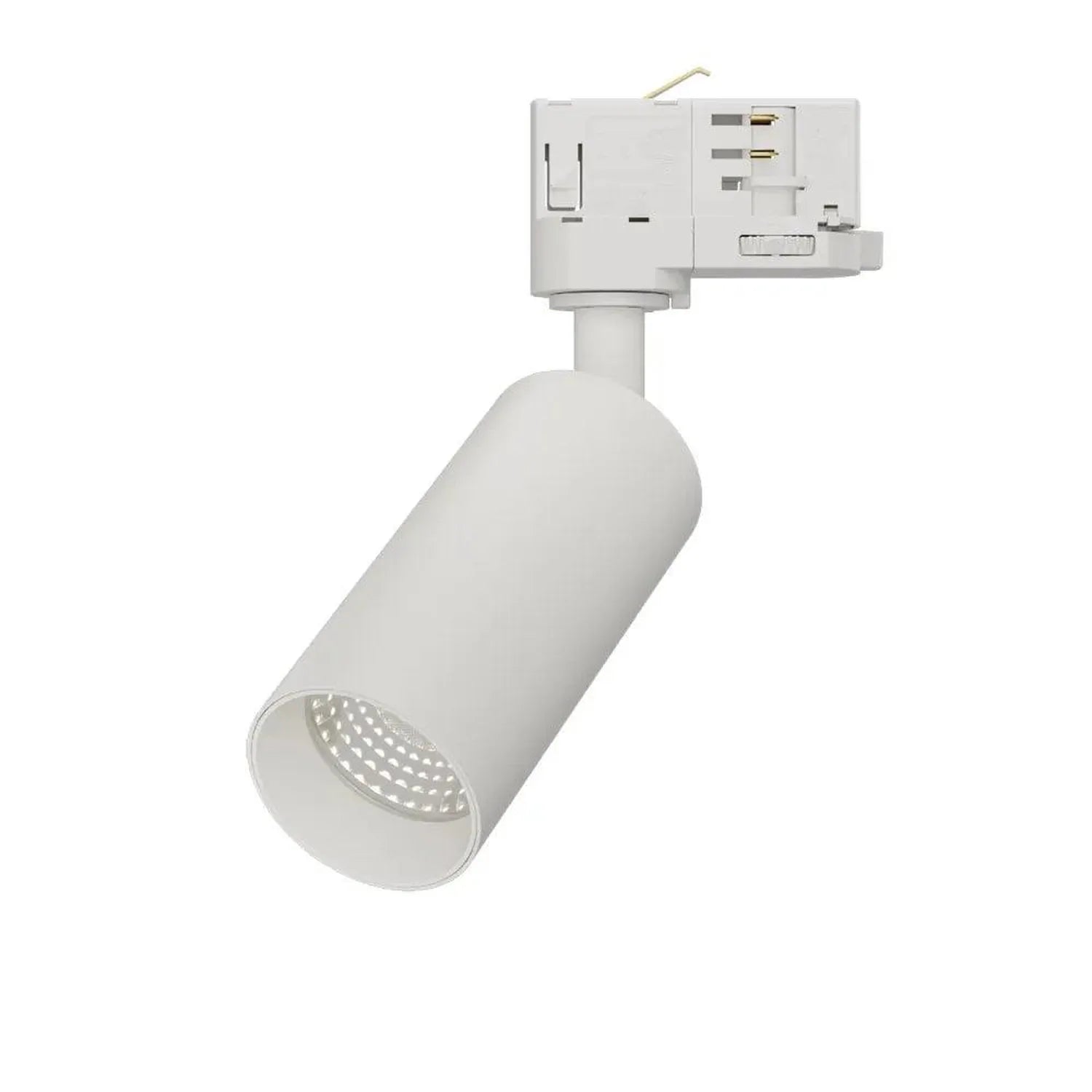White cylindrical LED track light with adjustable head mounted on track system rail against white background.
