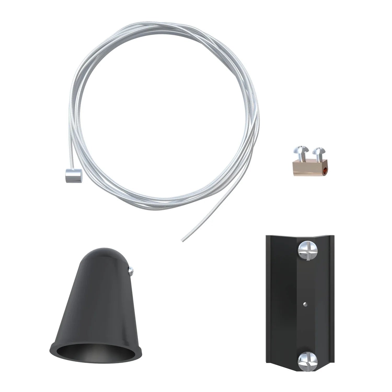 LED track lighting set components: coiled cable, metal connector bracket, black cone spotlight, and black mounting rail with 