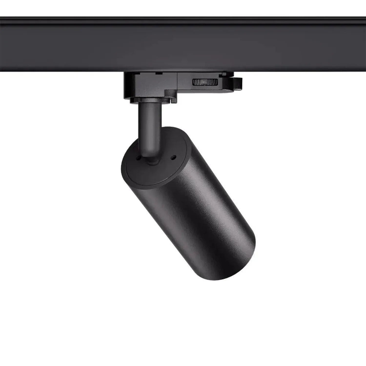 Black cylindrical LED track light mounted on rail, angled downward, product shot on white background.
