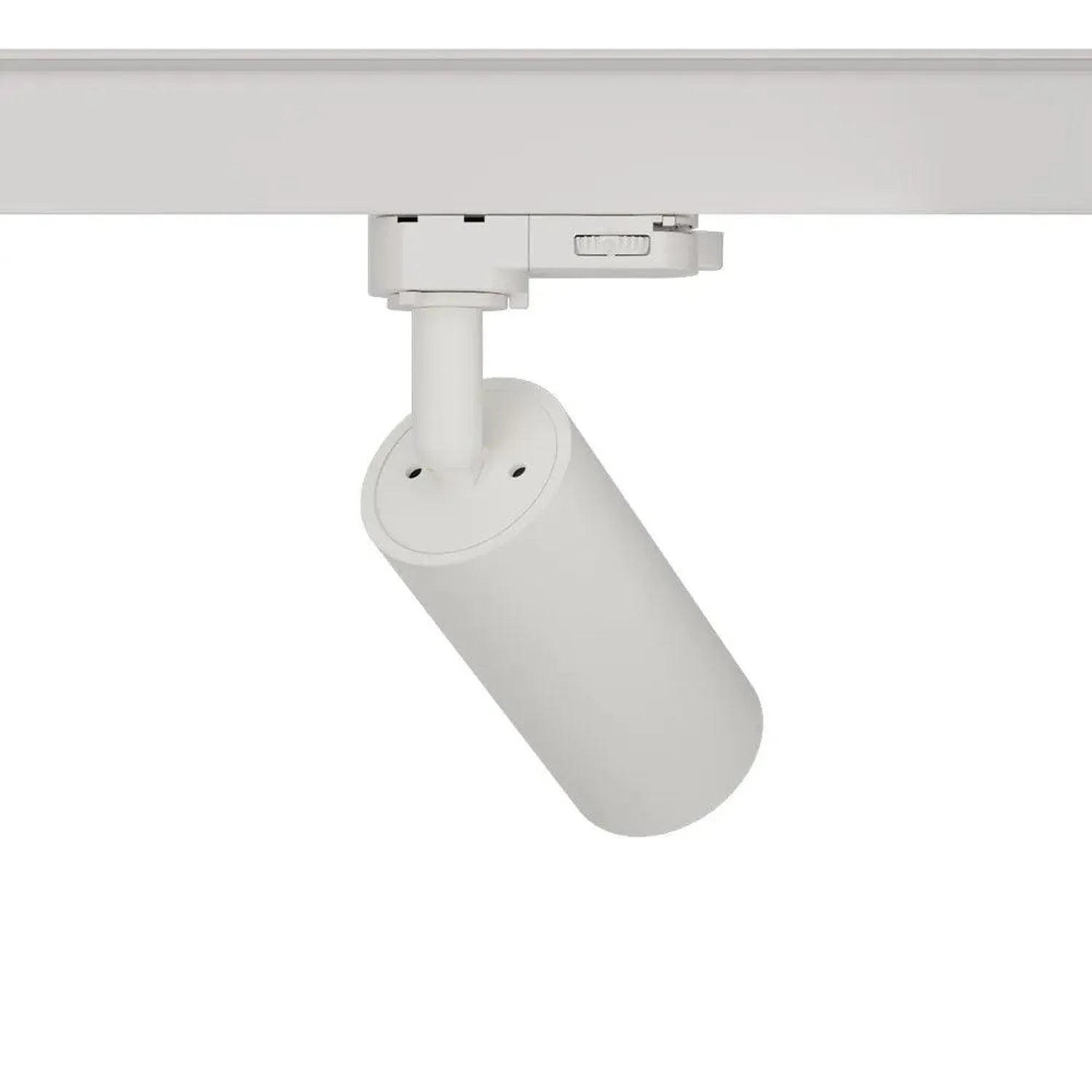White cylindrical LED track light mounted on rail, angled downward, shown in installation shot against gray background.