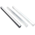 Three linear LED ceiling light fixtures shown in dark gray, white, and light gray finishes, displaying top and side profile v