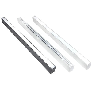Three linear LED ceiling light fixtures shown in dark gray, white, and light gray finishes, displaying top and side profile v