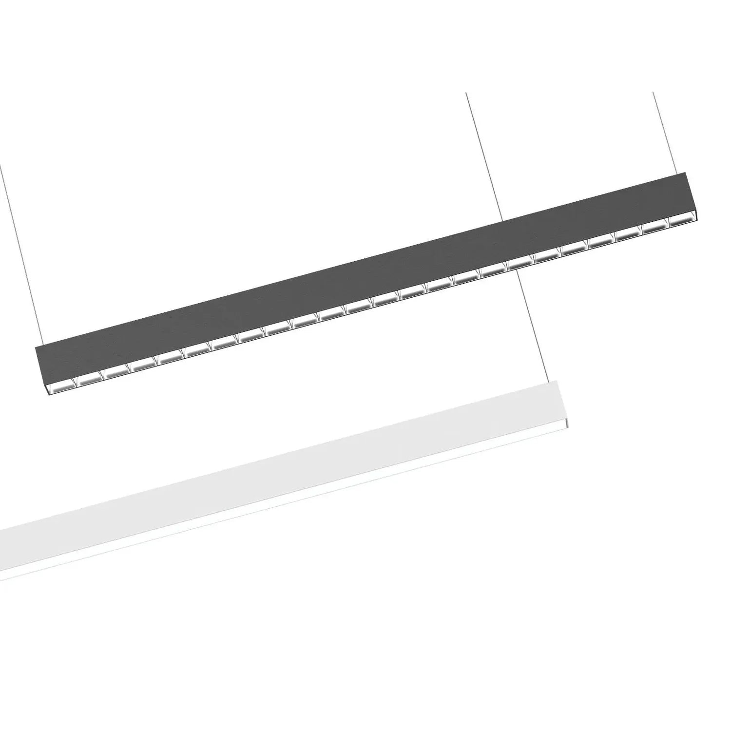 Two pendant light fixtures suspended by cables: dark gray uplight model above, white downlight model below, shown at angles.