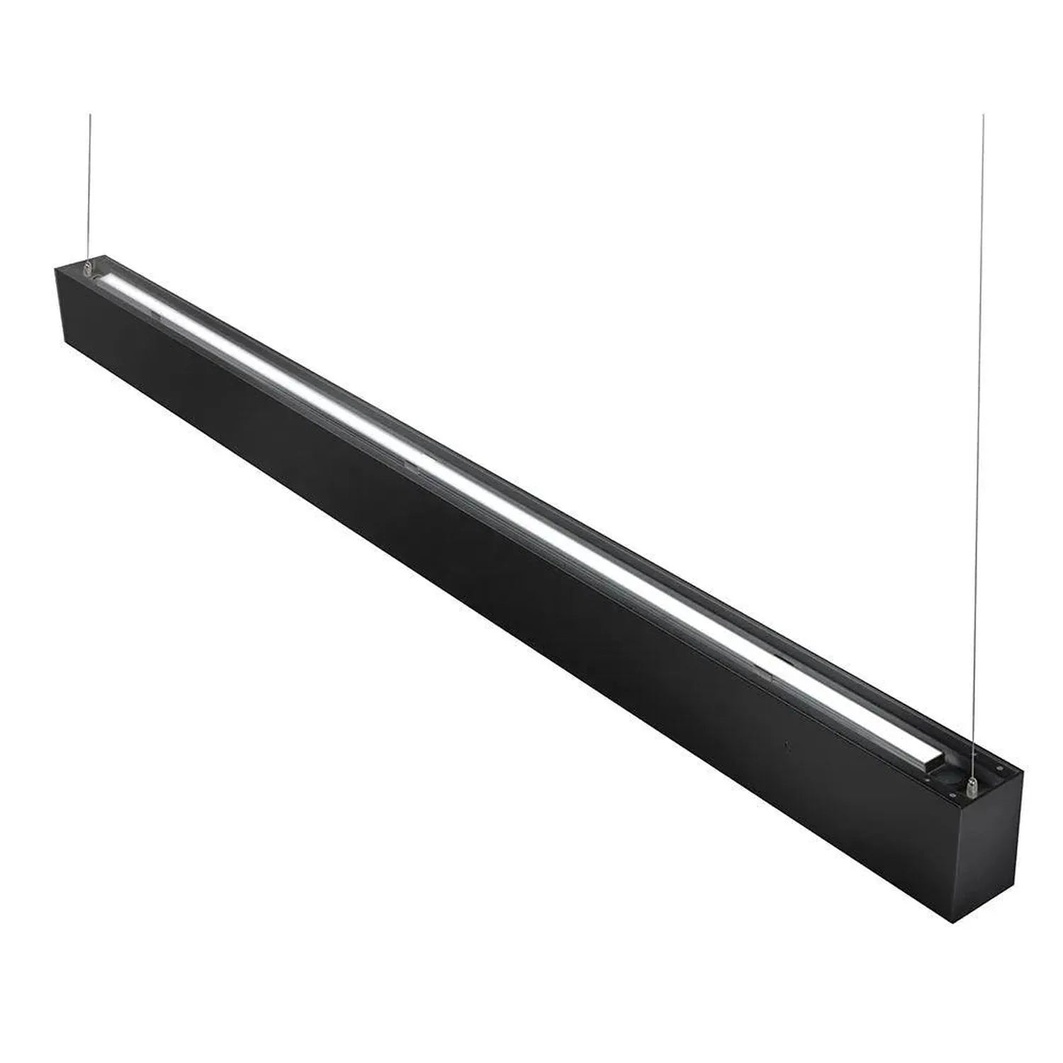 Black rectangular LED pendant light with illuminated white strip, suspended by cables against white background.