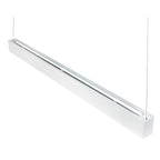 White rectangular LED ceiling light fixture with chrome linear element, suspended by cables, angled view.