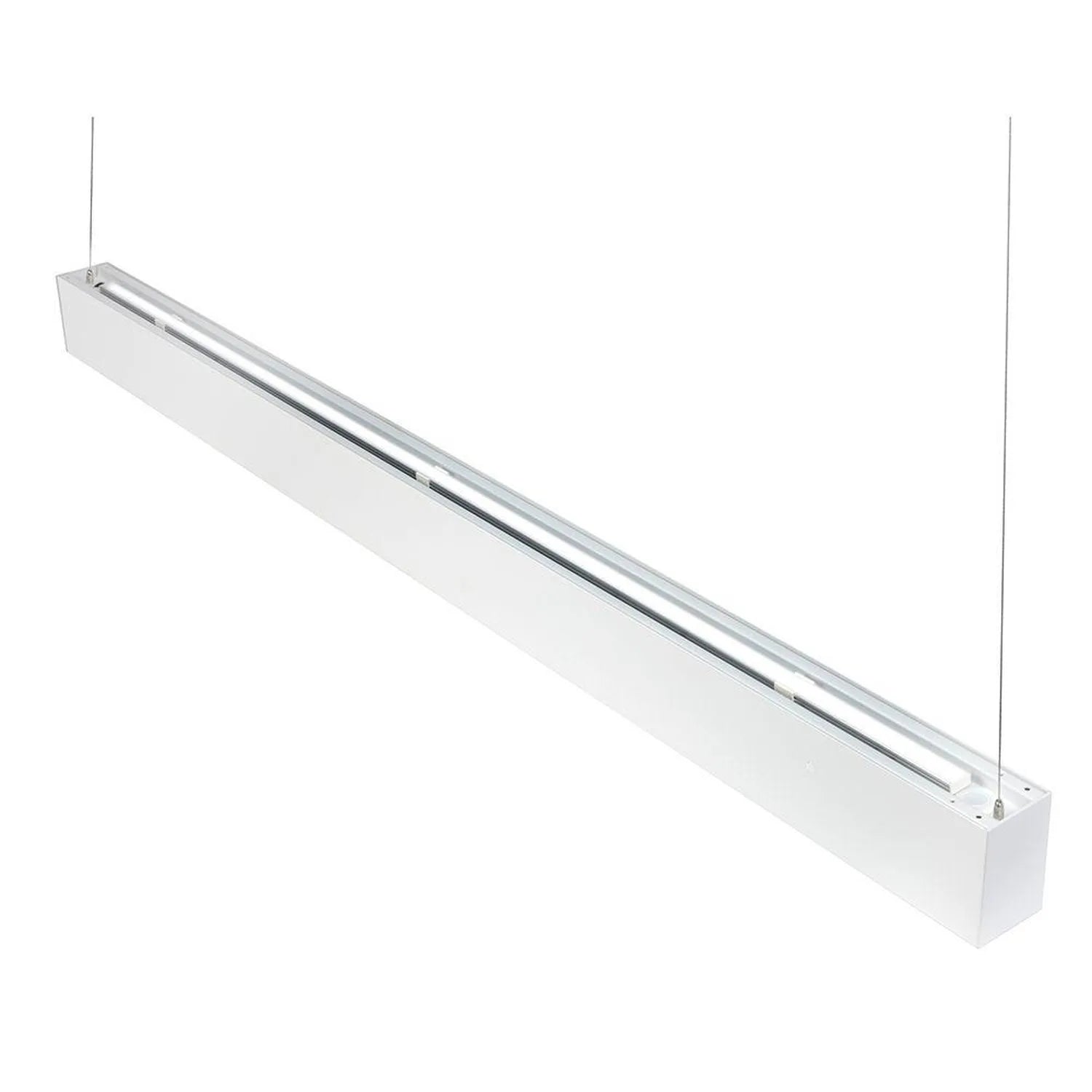 White rectangular LED ceiling light fixture with chrome linear element, suspended by cables, angled view.