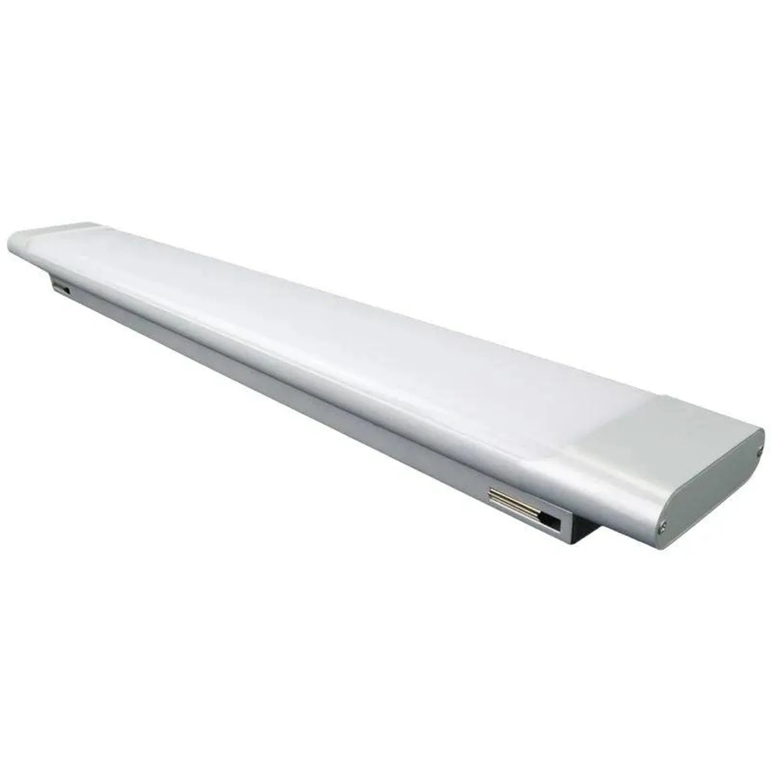 Grey aluminium LED batten light with white diffuser and mounting bracket, shown against white background.