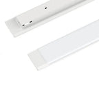 Two white LED batten lights shown at angles, displaying the fixture body and mounting hardware details.
