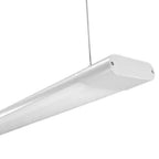 White LED batten light suspended by cable, showing elongated cylindrical design with end cap detail against white background.