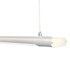 Grey aluminium LED batten light with suspended pendant mount, shown against white background.