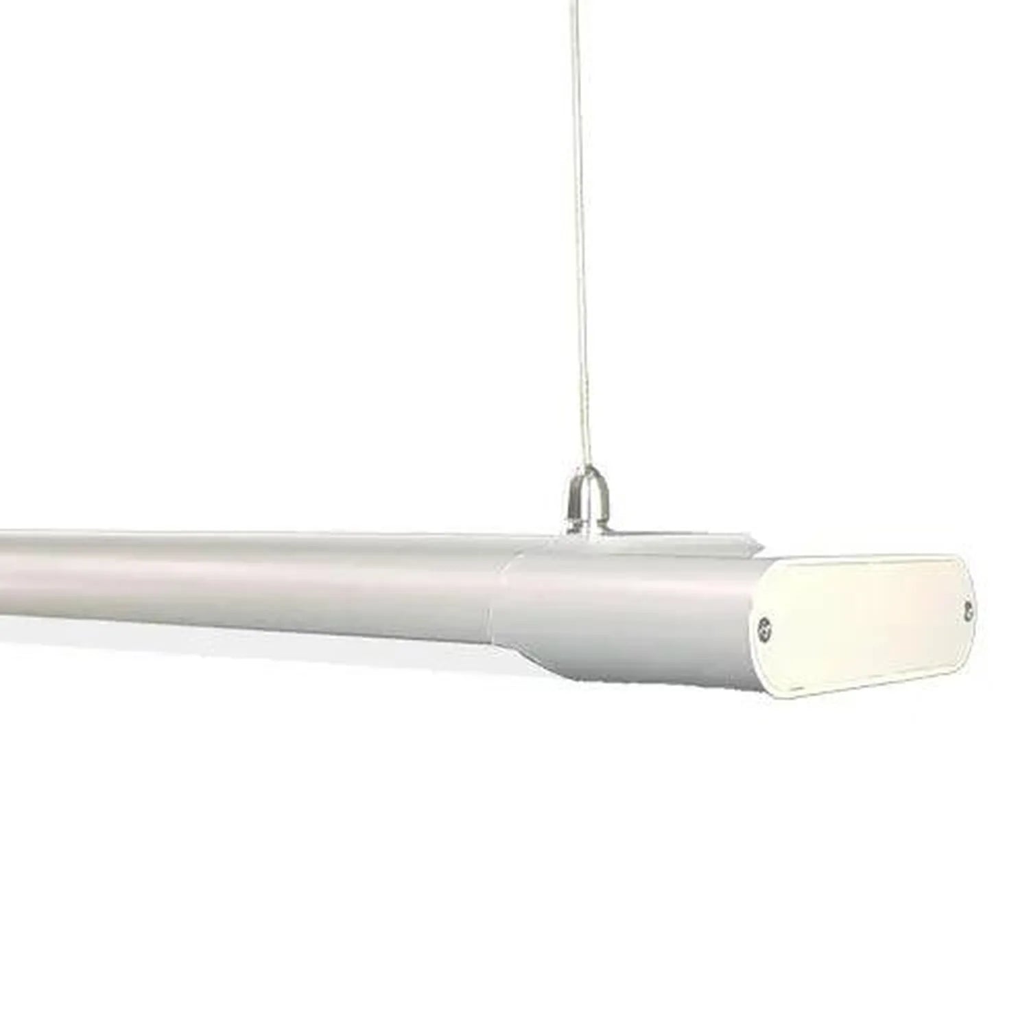Grey aluminium LED batten light with suspended pendant mount, shown against white background.