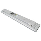 Grey dimmable LED batten light with open housing showing yellow wiring and internal components