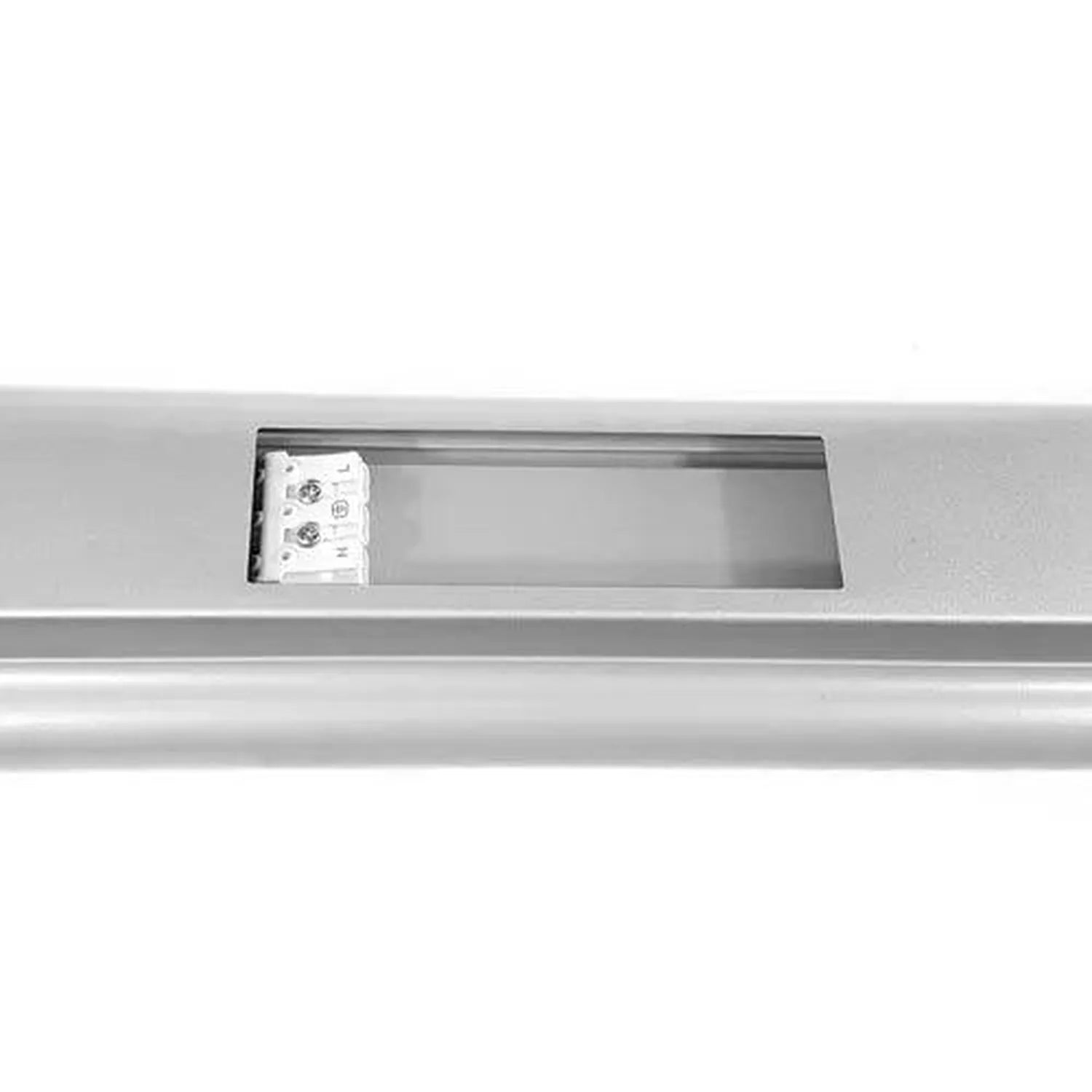 Aluminum LED batten light with open junction box showing wiring terminals, installation shot.
