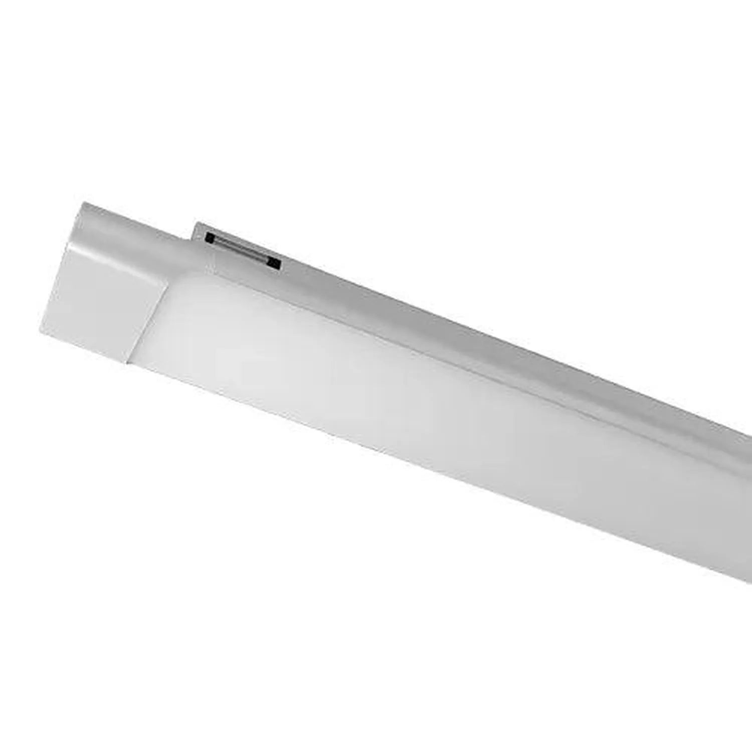 Voltaled Uranus LED batten light, elongated rectangular fixture in grey with diffused white panel and mounting hardware visib