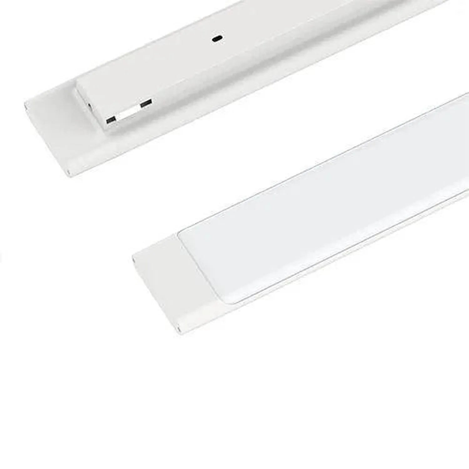 Two white LED batten lights shown at angles, displaying the fixture body and mounting hardware against a white background.