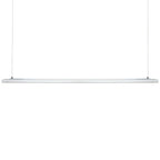 Voltaled Uranus LED batten light suspended by cables, showing elongated grey cylindrical form with mounting hardware at each 