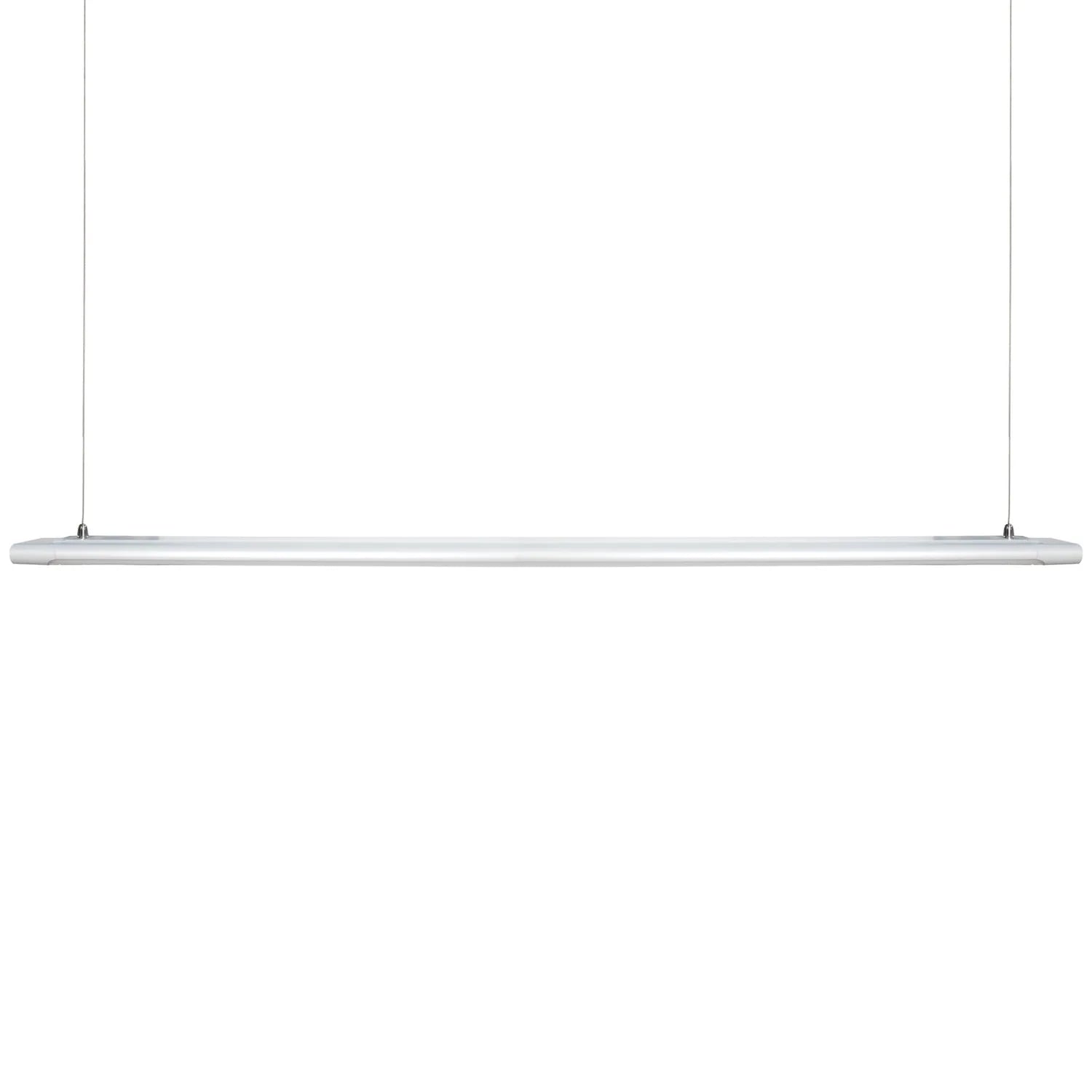Voltaled Uranus LED batten light suspended by cables, showing elongated grey cylindrical form with mounting hardware at each 