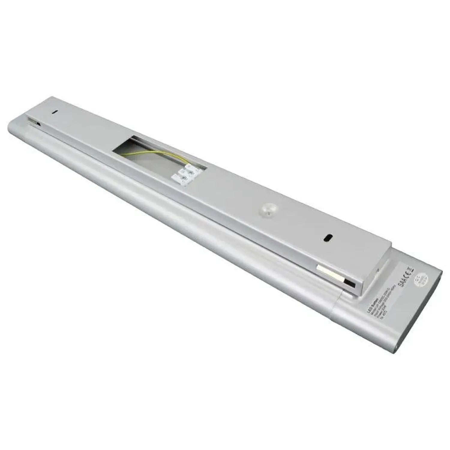 Voltaled Uranus LED batten light, grey aluminum fixture with open compartment revealing yellow wiring and terminal block.