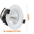 White recessed LED downlight with reflective lens and black mounting hardware, labeled 90-100mm cut-out, shown with dimension