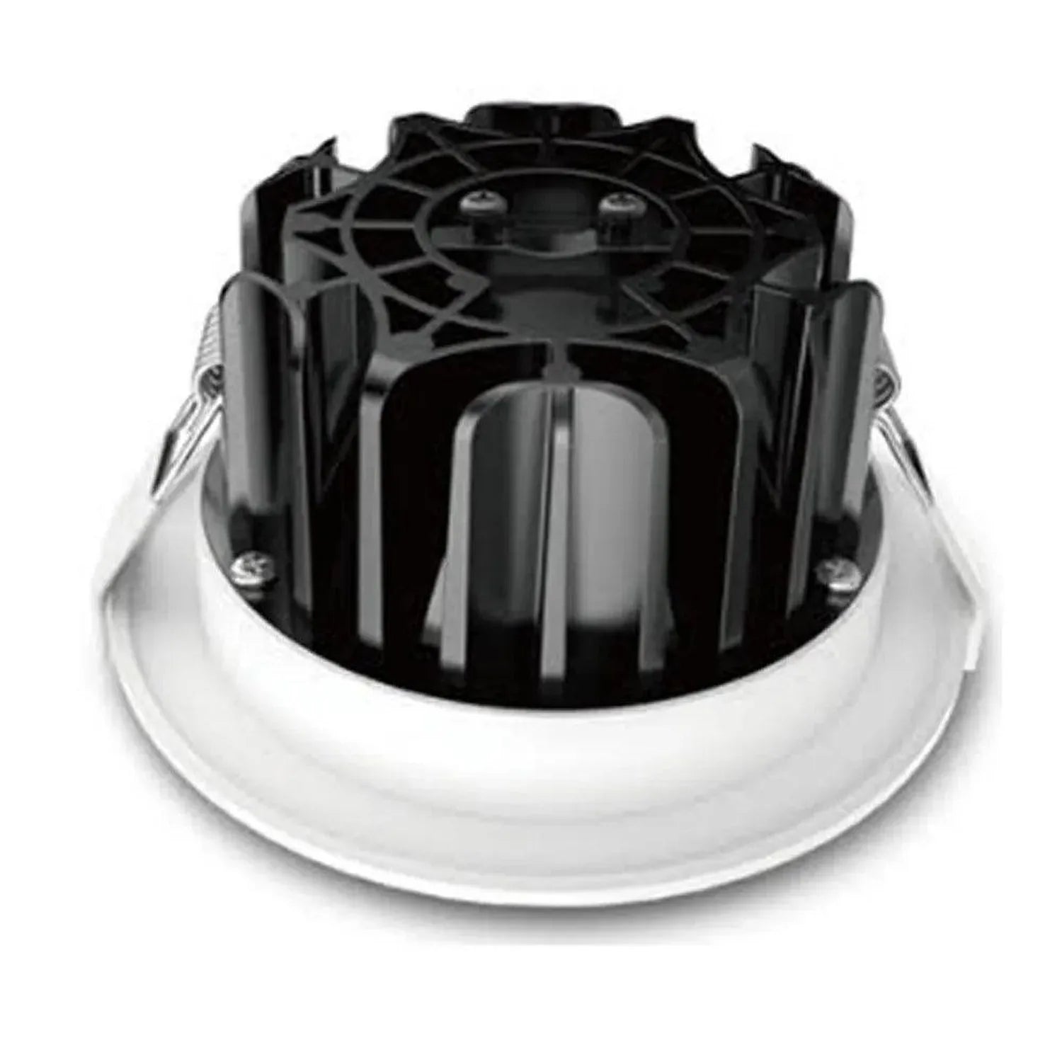 Top-down view of white recessed LED downlight with black ribbed interior reflector and mounting bracket.