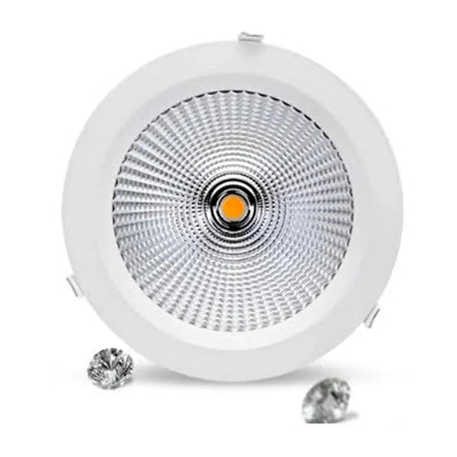 White recessed LED downlight fixture viewed from below, showing reflective interior cone with orange-lit center LED and mount