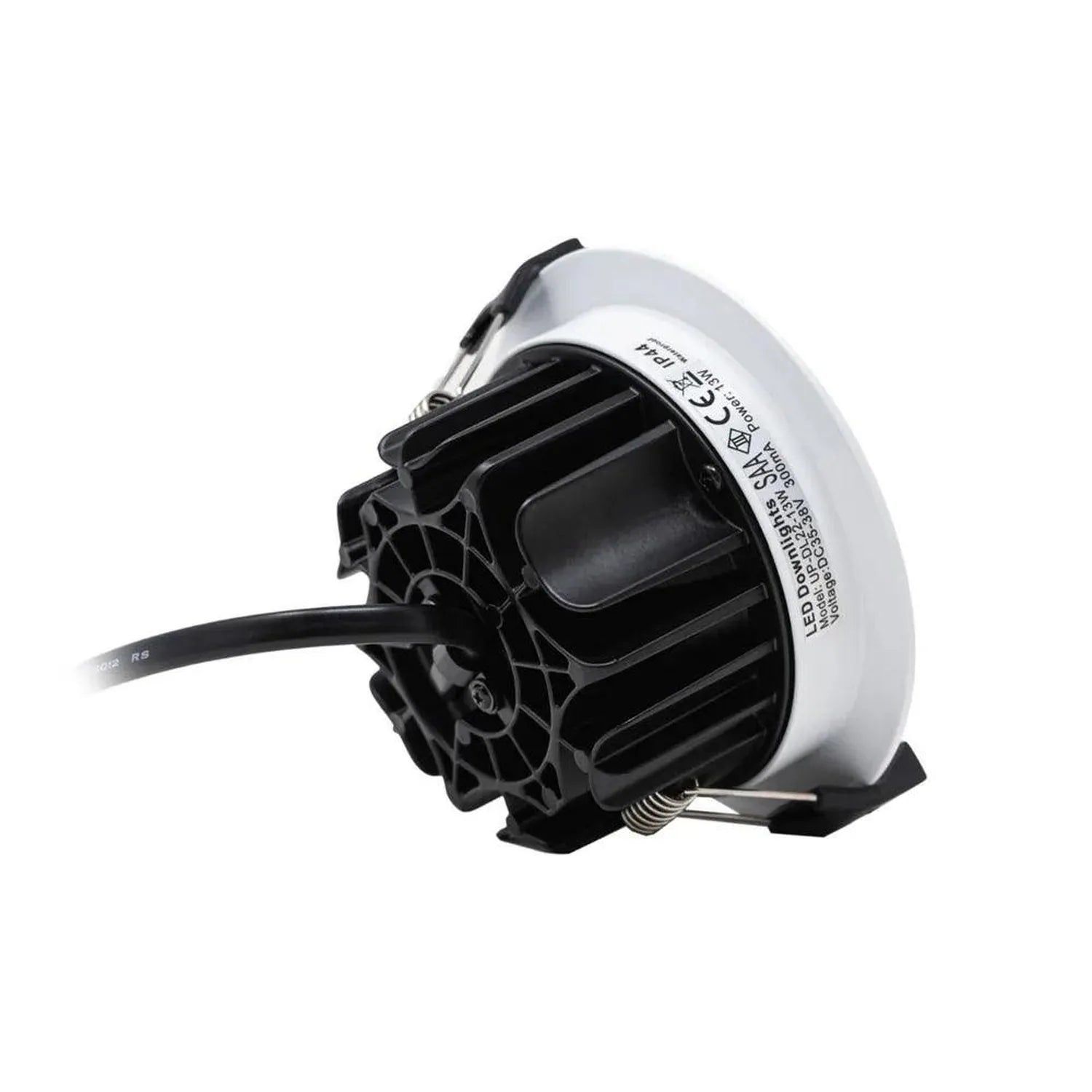 White and black LED recessed downlight with visible internal components and power cable against white background.
