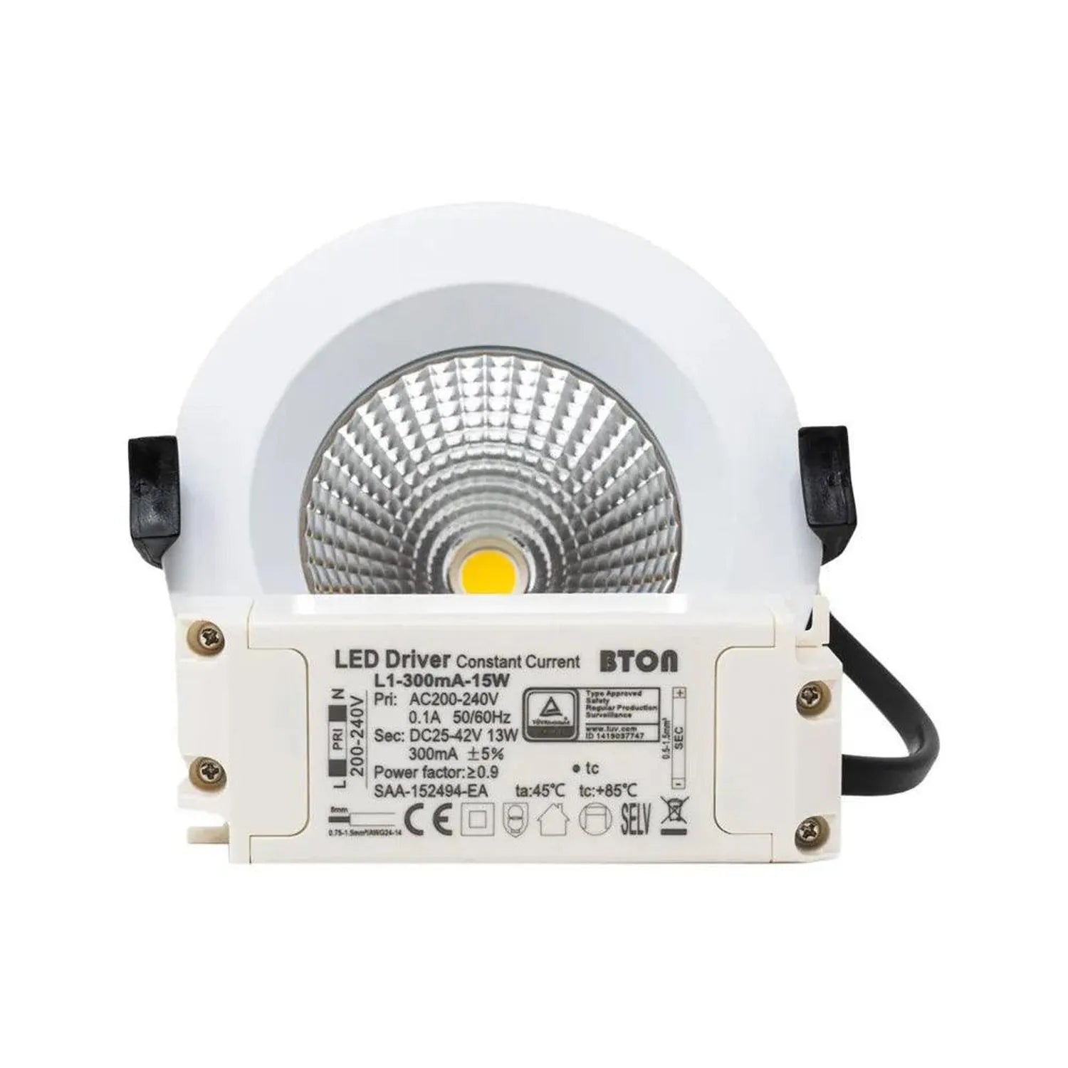 Top-down view of recessed LED downlight showing white trim ring, reflector with yellow LED center, and driver unit labeled wi